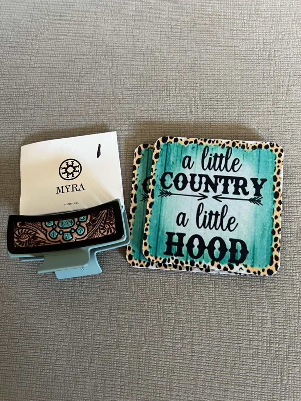 Myra Bag Cactus Bloom Ridge Turquoise Hair Clip and Coaster Bundle